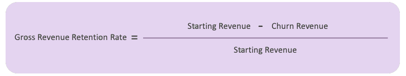 Gross Revenue Retention Rate equals Starting Revenue minus Churn Revenue divided by Starting Revenue
